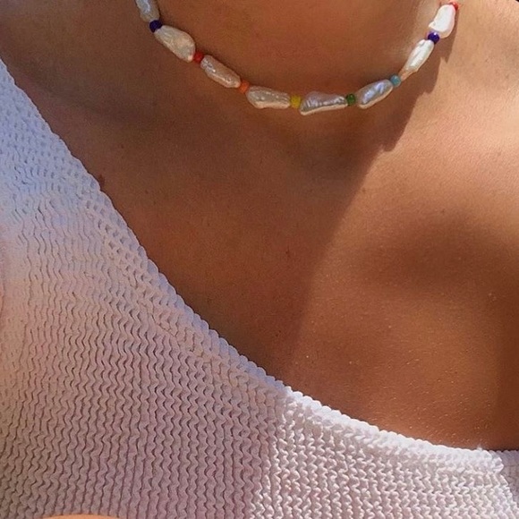 Jewelry - Genuine Freshwater Stick Pearl Colorful Beaded Rainbow Choker Necklace